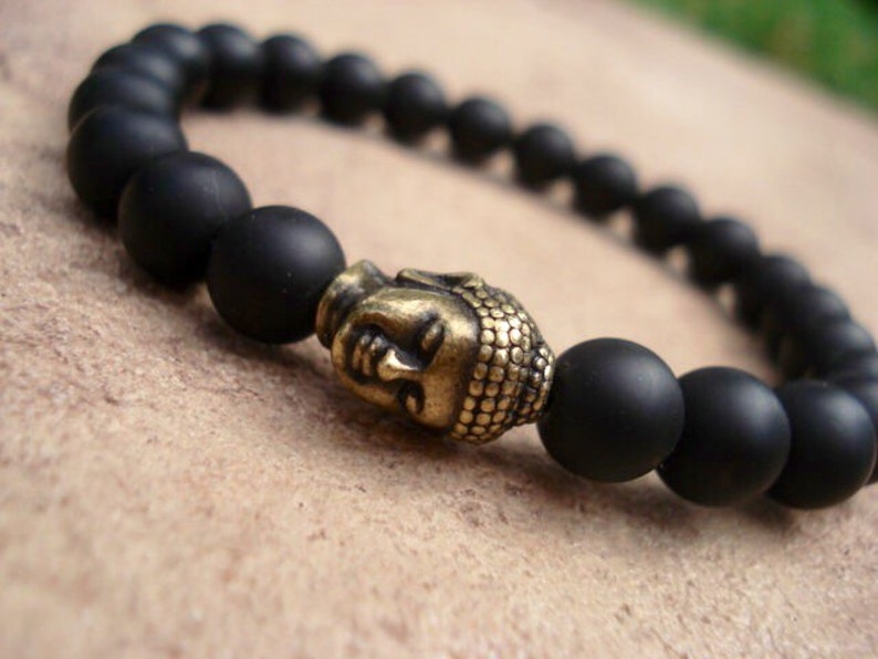 Pulsera de Buda, pulsera de ónix negro, pulsera de cuentas de oración budista, pulsera de oración para mujeres, pulsera de cuentas para hombre, pulsera mala para ella imagen 1