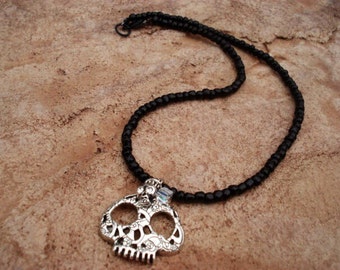 Steampunk Pewter Skull Necklace, Black Seed Bead Jewelry