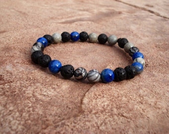 Bracelet de lave noire, bracelet bleu Lapis, bracelet d'huile essentielle, bracelet empilable, bracelet perlé, bracelet extensible, bracelets pour hommes
