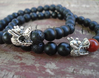 Dragon Bracelet, Essential Oil Bracelet, Mens Onyx Bracelet, Mens Lava Bracelet, Black Beaded Bracelet, Dragon Jewelry, Stretch Bracelet