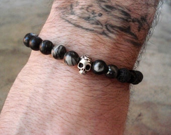 Bracelet homme tête de mort, bracelet huiles essentielles, bracelet noir pour homme, bracelet homme onyx, bracelet lave, bracelet obsidienne, bracelet hématite