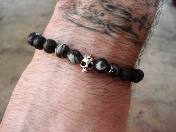 Mens Skull Bracelet: Obsidian, Onyx, Lava & Hematite Stone