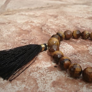 Tiger Eye Mala Bracelet with Black Tassel: Yoga Prayer Beads