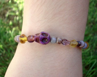 Sugar Skull Bracelet- Amethyst Bracelet- Purple Bracelet- Gold Bracelet- Crystal Bracelet- Glass Bracelet- Skull Jewelry