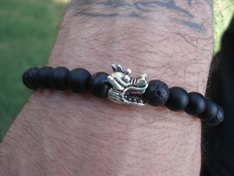 Dragon Bracelet, Essential Oil Bracelet, Mens Onyx Bracelet, Mens Lava Bracelet, Black Beaded Bracelet, Dragon Jewelry, Stretch Bracelet image 2