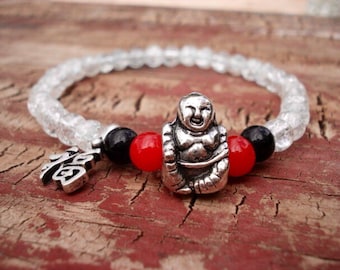 Bracciale Buddha Felice, Bracciale con perline di vetro nero rosso chiaro, Buddha che ride, Buddha fortunato, Gioielli Buddha, Gioielli Boho, Gioielli Yoga