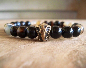 Elephant Bracelet, African Bracelet, Ganesh, Black Beaded Bracelet, Mens Jewelry, Agate Bracelet, Men Women Bracelet, Animal Jewelry