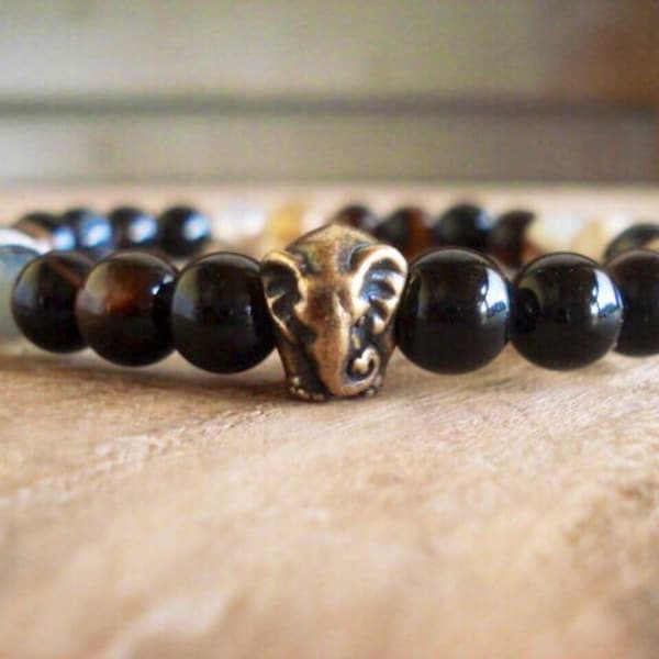 Elephant Bracelet, African Bracelet, Ganesh, Black Beaded Bracelet, Mens Jewelry, Agate Bracelet, Men Women Bracelet, Animal Jewelry