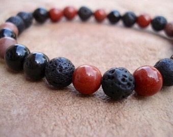 Lava Bracelet, Essential Oil Bracelet, Black Agate Bracelet, Red Jasper Bracelet, Mens Jewelry, Stackable Bracelet, Women's Beaded Bracelet