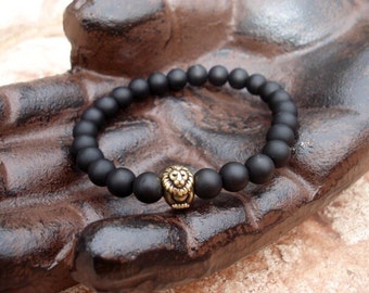 Black Bead Bracelet, Black Onyx Bracelet, Lion Bracelet, Onyx Bracelet, Bracelets For Men, Mens Bracelet, Men Jewelry, Womens Bracelet