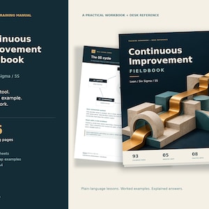 May include: A printable training manual titled Continuous Improvement Fieldbook, Lean / Six Sigma / 5S. The cover features a 3D graphic of geometric shapes and a gold ribbon. It includes 135 core learning pages, 24 practice sheets, and 5 industry maps.