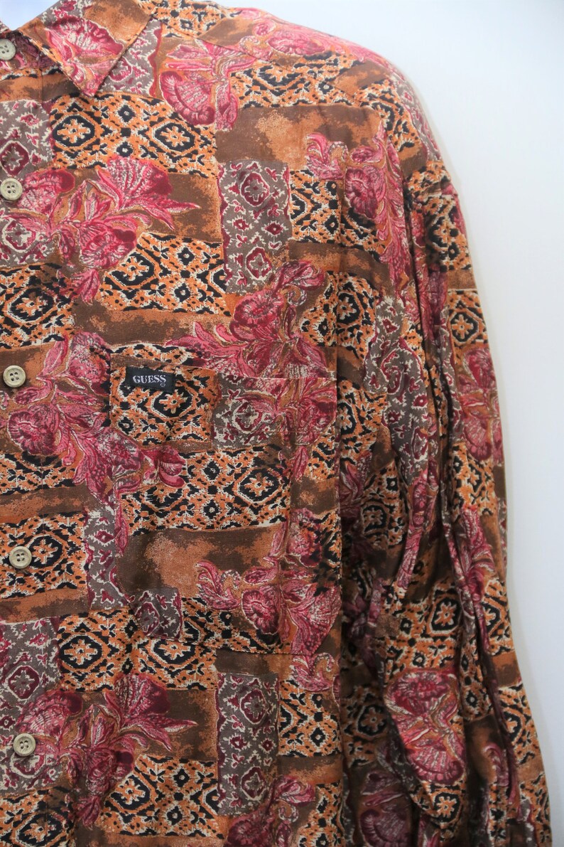 Rare 90/'s Vintage GUESS by GEORGES MARCIANO Patterned Long-Sleeve Shirt Sz Large