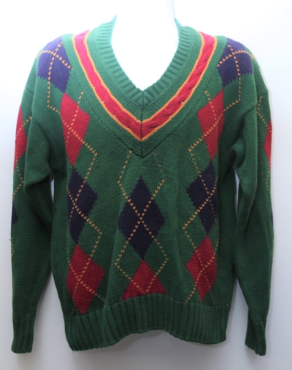 90's Vintage "ROBERT STOCK" Argyle Patterned V-Nec