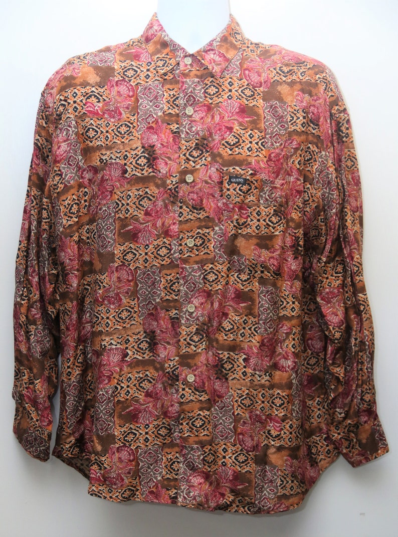 Rare 90/'s Vintage GUESS by GEORGES MARCIANO Patterned Long-Sleeve Shirt Sz Large