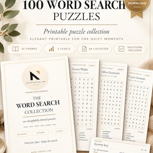 Könnte beinhalten: Eine druckbare Sammlung von 100 Wortsuchrätseln von Nicks Digital Lab mit 10 Themen, 3 Schwierigkeitsgraden und enthaltenen Lösungen in A4- und US-Letter-Formaten, dargestellt auf weißen Seiten mit schwarzem Text.