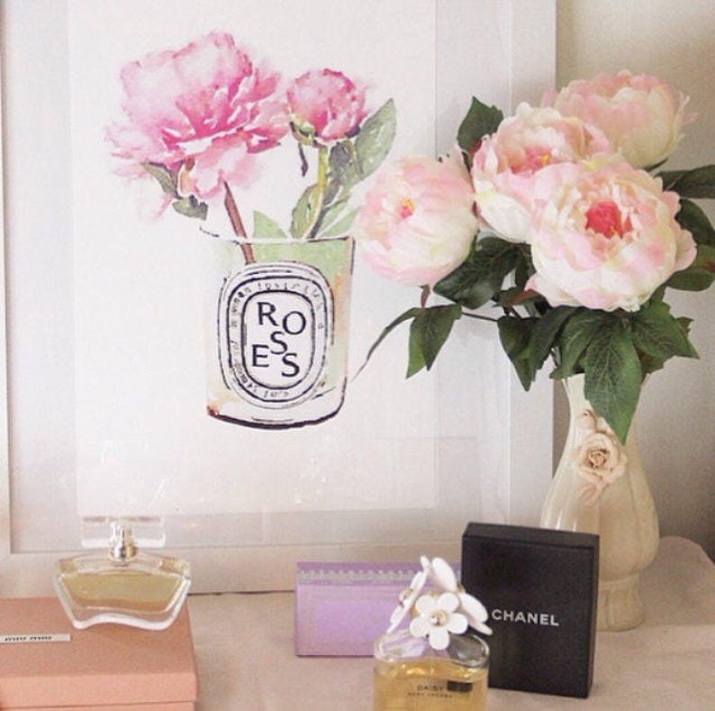 Diptyque Candle DIGITAL ART PRINT Pink Rose Flower Vase Print From Watercolor Painting Fashion