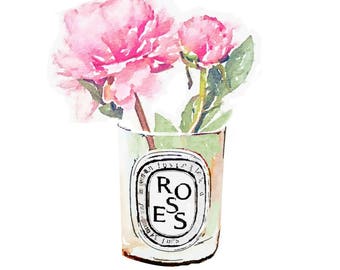 Diptyque Candle DIGITAL ART PRINT Różowy wazon z kwiatami róży Wydruk z akwareli Ilustracja modowa Plakat