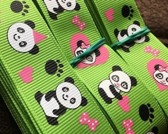 Grosgrain Ribbon printed 7/8” 5 yards pandas hearts lime green