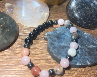 Anxiety, stress, protection crystal beads beaded bracelet stretch, rose quartz, hematite, rhodonite, obsidian