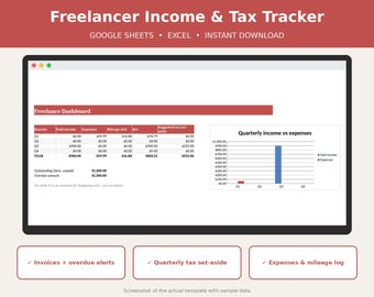 Inkomstspårning för frilansare i Google Sheets, fakturaspårning, kvartalsvis skatt, kalkylblad för utgifter och körsträcka för egenföretagare