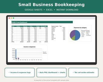 Mall för bokföring för småföretag, enkelt bokföringskalkylblad i Google Sheets, inkomst- och kostnadsspårning, resultaträkning