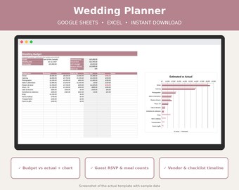 Kalkylblad för bröllopsplanerare i Google Sheets i Excel, budgetspårning för bröllop, OSA för gästlista, leverantörsspårning, mall för bröllopschecklista