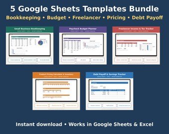 Google Sheets-mallpaket, 5 ark: Bokföring för småföretag, budgetplanerare, skattespårare för frilansare, priskalkylator, skuldavbetalning