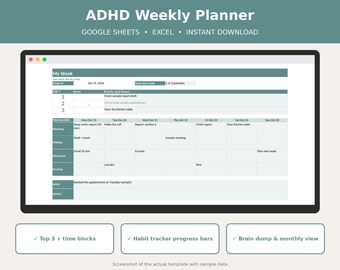 ADHD Veckoplanerare Google Sheets Excel, Digital Planner, Vanespårare, Topp 3 Prioriteringar, Tidsblockering, Mall för hjärndumpning