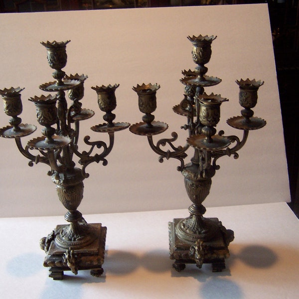 Antique English Candelabras 1880 to1900 Bronze Brass 5 light ram heads