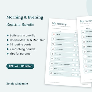 Könnte beinhalten: Ein Morgen- und Abendroutine-Paket mit zwei druckbaren Diagrammen und Checklisten für tägliche Aufgaben. Die Dokumente enthalten die Abschnitte My Morning und My Evening mit Symbolen und Text für Aktivitäten wie Aufstehen, Zähneputzen und Schultaschen packen.