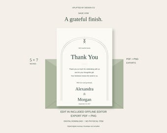 Editable Thank You Card Template, Sage Green Arch, 5x7 Printable, Offline Editor, PDF & PNG