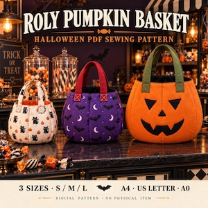 Peut inclure: Trois paniers en tissu pour Halloween. Le panier de gauche est crème avec des chats noirs et des citrouilles orange. Le panier central est violet avec des chauves-souris noires et des lunes blanches. Le panier droit est orange avec un visage de citrouille noir.