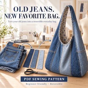 May include: A reversible bag made from blue denim fabric with a floral interior lining. The image includes text reading OLD JEANS. NEW FAVORITE BAG. Turn your old jeans into a reversible everyday bag. PDF SEWING PATTERN Beginner friendly Reversible.