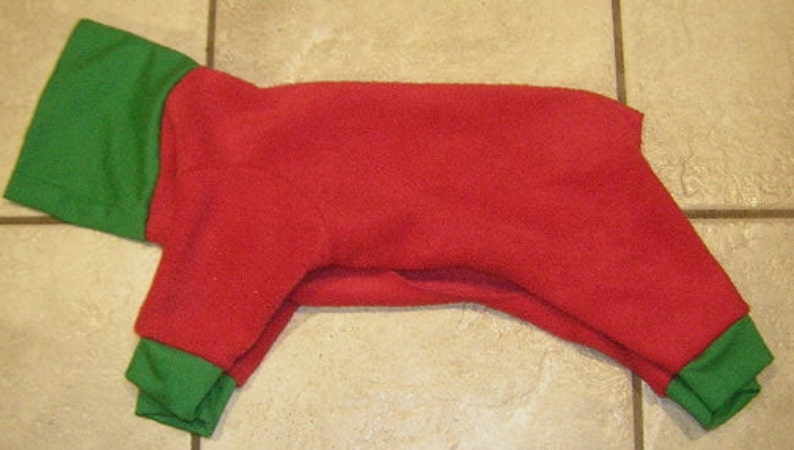 CHRISTMAS Red with Green Trim Poodle Italian Greyhound Chinese Crested 4 legs PJ Sweater Toy Dog Coat