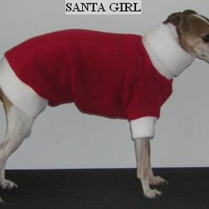 May include: A small dog wearing a red and white Santa-themed sweater. The sweater has a red body with white trim around the neck, cuffs, and hem. The dog is standing on a dark surface with a light gray background. The text "SANTA GIRL" is above the dog.