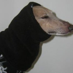 May include: A black fleece dog neck warmer for cold weather. The neck warmer is designed to cover the dog's neck and ears, keeping them warm and comfortable.