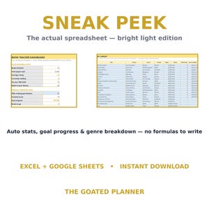 May include: A digital book tracker spreadsheet template featuring a dashboard with reading statistics and a library list. Text includes SNEAK PEEK, The actual spreadsheet &mdash; bright light edition, EXCEL + GOOGLE SHEETS, and THE GOATED PLANNER.