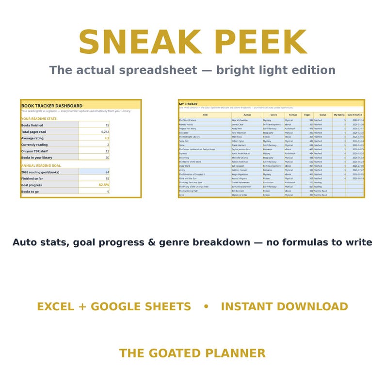 May include: A digital book tracker spreadsheet template featuring a dashboard with reading statistics and a library list. Text includes SNEAK PEEK, The actual spreadsheet &mdash; bright light edition, EXCEL + GOOGLE SHEETS, and THE GOATED PLANNER.