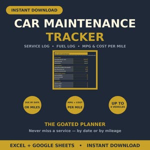 Car Maintenance Tracker Spreadsheet — Vehicle Service Log, Fuel Log, MPG & Cost Per Mile Tracker, Excel and Google Sheets