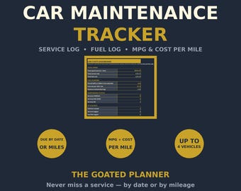 Car Maintenance Tracker Spreadsheet — Vehicle Service Log, Fuel Log, MPG & Cost Per Mile Tracker, Excel and Google Sheets