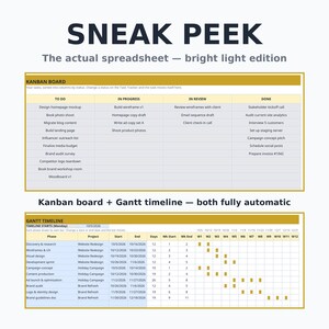 Puede incluir: Una plantilla de hoja de c&aacute;lculo digital que presenta un tablero Kanban con columnas para To Do, In Progress, In Review y Done, seguido de una l&iacute;nea de tiempo de Gantt con fases de proyecto, fechas y un gr&aacute;fico de progreso amarillo.