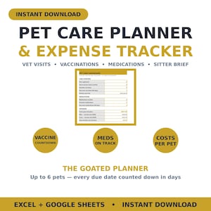 Pet Care Planner Spreadsheet — Vet Visits, Vaccination Tracker, Medication Log & Pet Expense Tracker, Excel Google Sheets