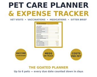 Pet Care Planner Spreadsheet — Vet Visits, Vaccination Tracker, Medication Log & Pet Expense Tracker, Excel Google Sheets