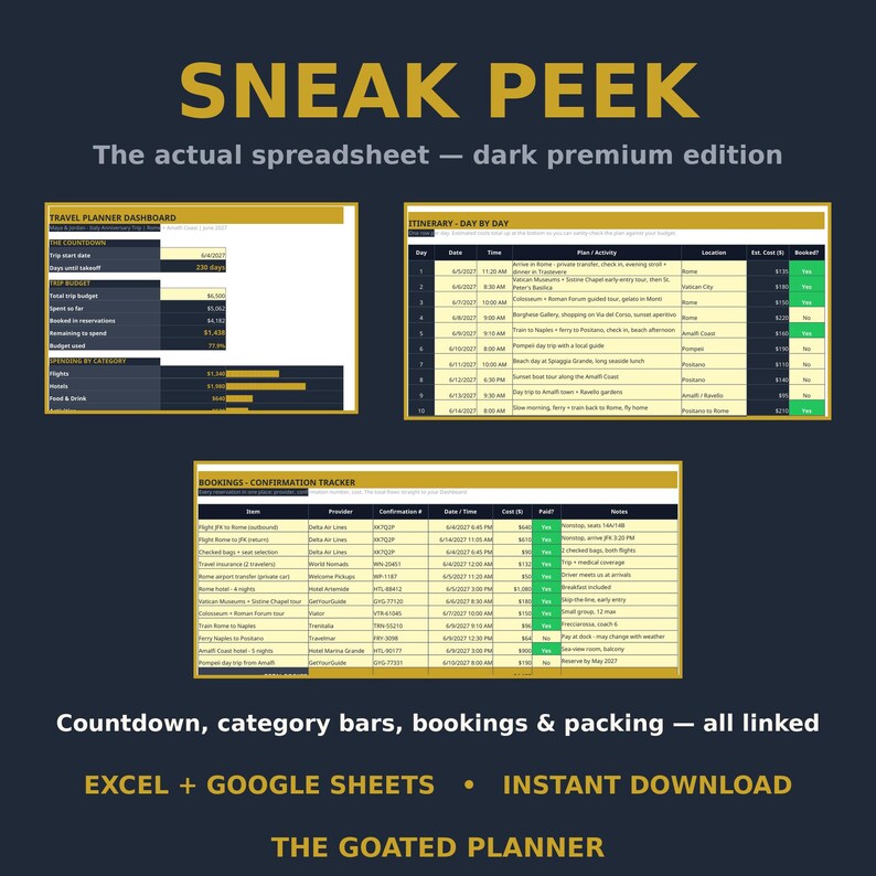 May include: A digital travel planner spreadsheet in a dark premium edition. The layout includes a dashboard with a countdown and budget tracker, a day-by-day itinerary, and a booking confirmation tracker. Text includes SNEAK PEEK, EXCEL + GOOGLE SHEETS, and THE GOATED PLANNER.