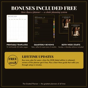 May include: A digital planner set featuring a blank monthly calendar, quarterly review pages, and two cover designs titled Goated Black Girl Planner. Includes printable templates, Sunday and Monday week starts, and lifetime updates for 2028.