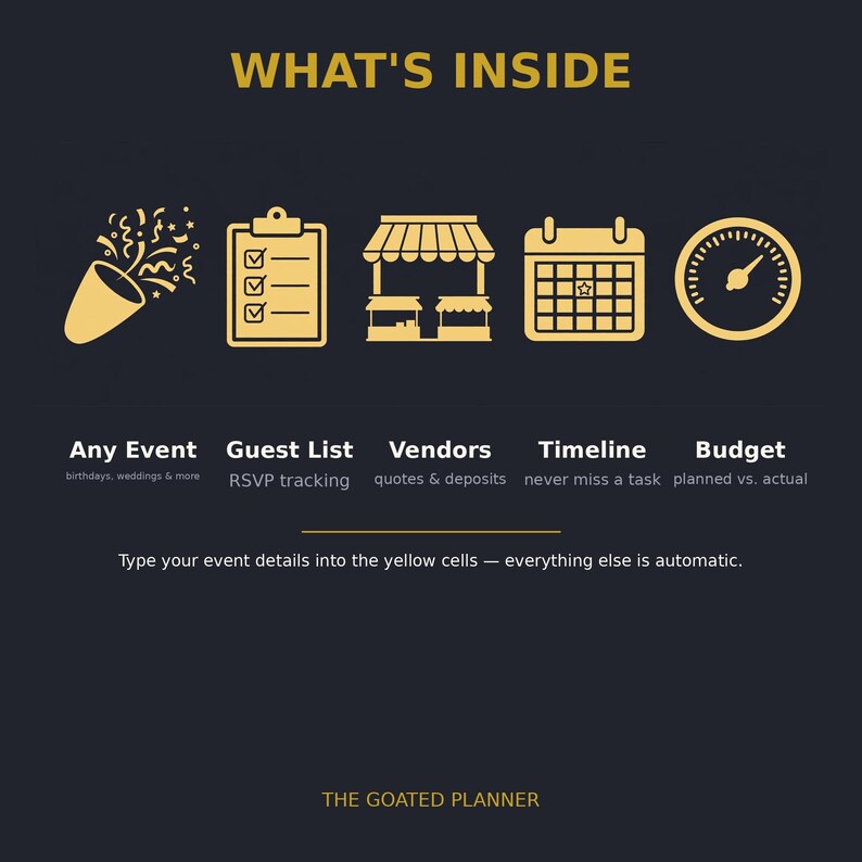 May include: A dark background graphic titled WHAT'S INSIDE featuring gold icons for a party popper, checklist, vendor stall, calendar, and gauge. Text labels include Any Event, Guest List, Vendors, Timeline, Budget, and THE GOATED PLANNER.