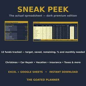 May include: A dark-themed digital spreadsheet template titled SNEAK PEEK The actual spreadsheet &mdash; dark premium edition. It features a Sinking Funds Dashboard and a Sinking Funds table tracking 12 categories like Christmas, Car Repair, and Vacation.