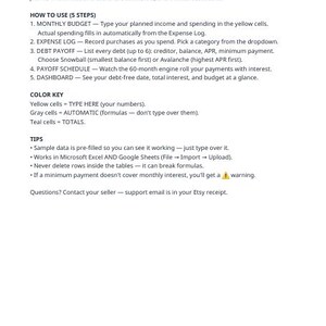 May include: A digital document titled DEBT PAYOFF + BUDGET BUNDLE. It outlines five steps for financial management, including monthly budget, expense log, debt payoff, payoff schedule, and dashboard, plus a color key and usage tips.