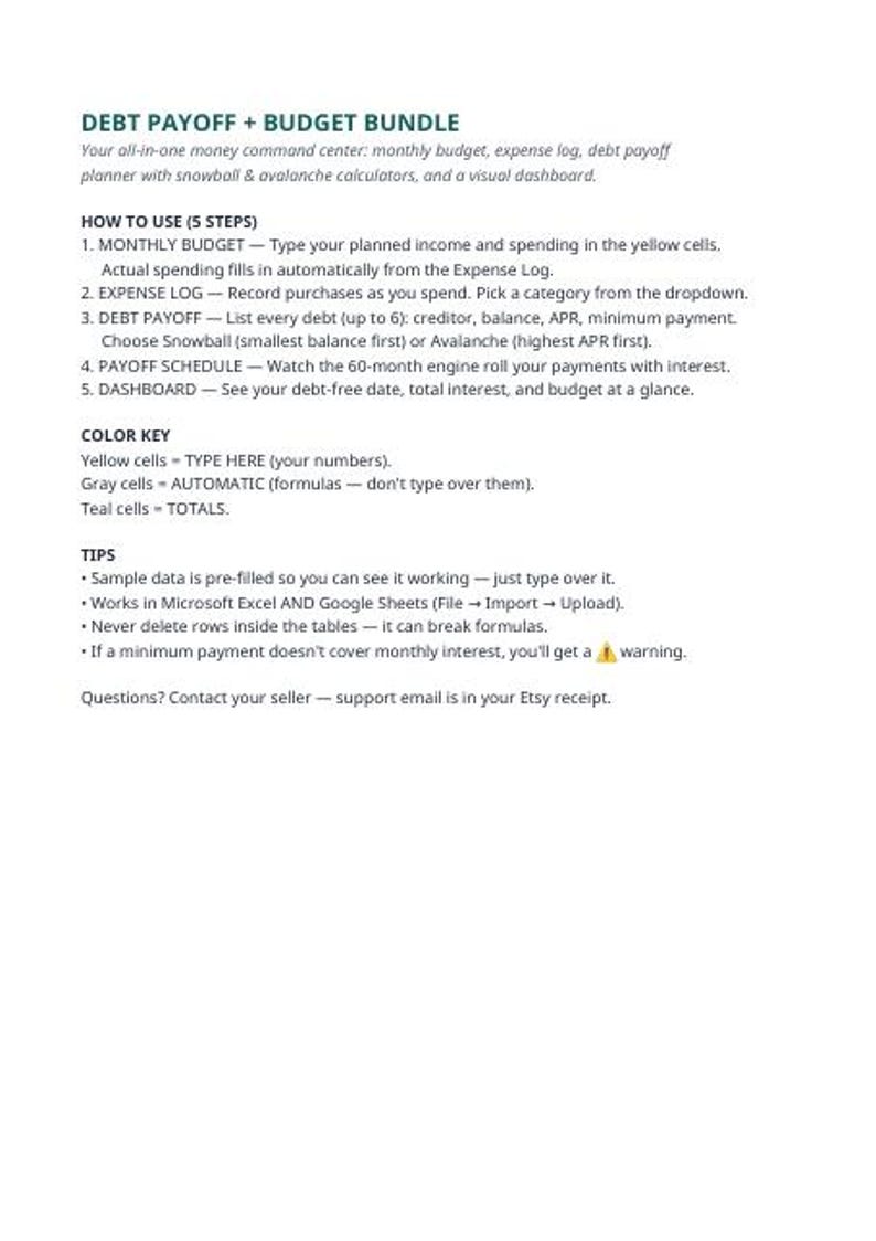 May include: A digital document titled DEBT PAYOFF + BUDGET BUNDLE. It outlines five steps for financial management, including monthly budget, expense log, debt payoff, payoff schedule, and dashboard, plus a color key and usage tips.