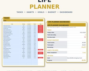 Goal Planner & Budget Dashboard Spreadsheet — Light Mode Life Planner with Task Tracker and Habit Tracker for Google Sheets